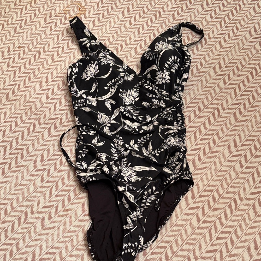 Elegant Black and White Floral One Piece Swimsuit